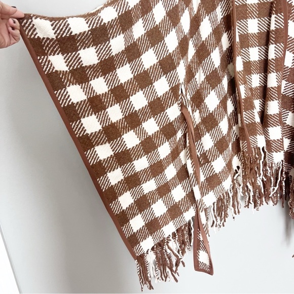 Pearl by Lela Rose Checked Wool-Blend Cape ONE Size Fringe brown belted - Picture 5 of 9